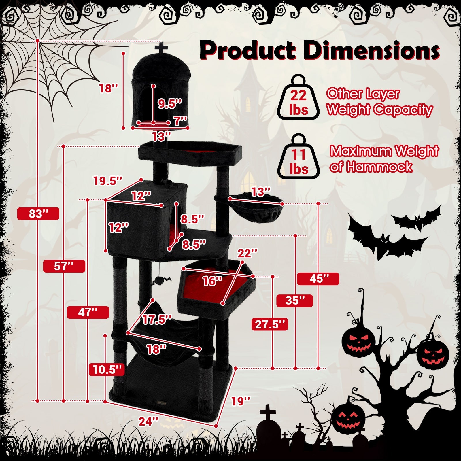 Cat Tree Gothic Tower 2 Condos and Coffin Bed Black Plush - Detail Angle 5 | Majestic Pet Kingdom