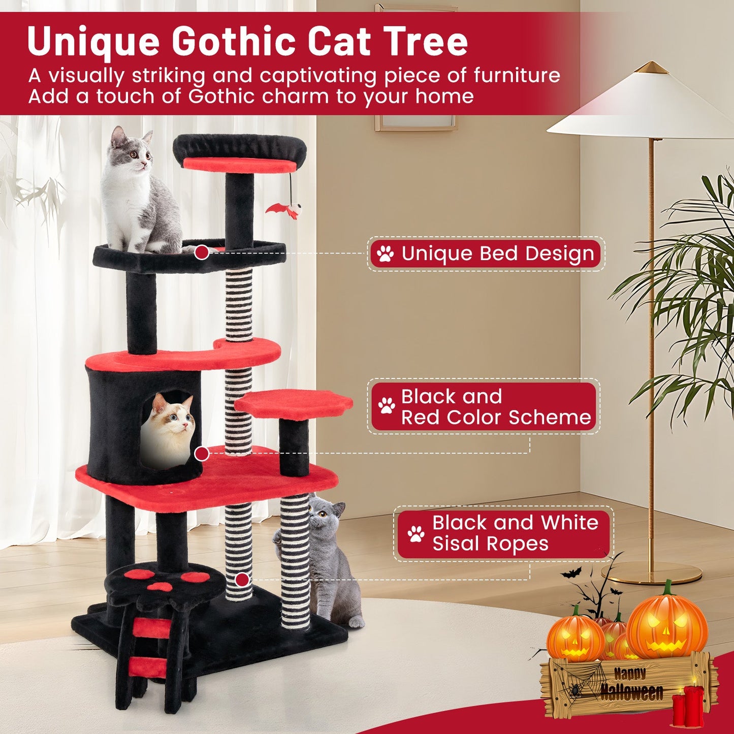 Cat Tree Gothic Tower Cat Bed Condo Sisal Scratching Post Red - Detail Angle 7 | Majestic Pet Kingdom
