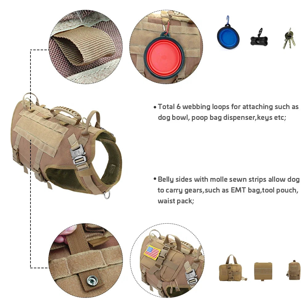 Tactical Dog Harness Military No Pull Pet Harness Vest For Medium Large Dogs Training Hiking Molle Dog Harness With Pouches - Blank Black Harness | Purrfect Pet Kingdom