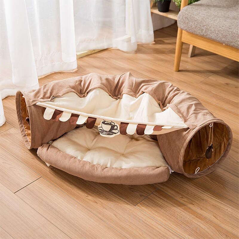 Collapsible Removable Cat Tunnel Tube With Cat Bed Set - Majestic Pet Kingdom