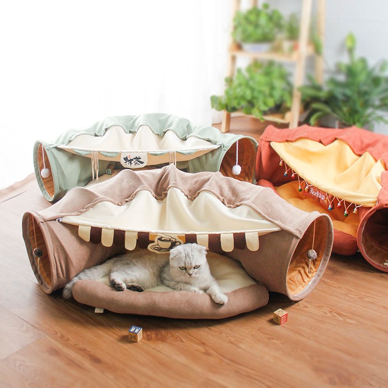 Collapsible Removable Cat Tunnel Tube With Cat Bed Set - Majestic Pet Kingdom