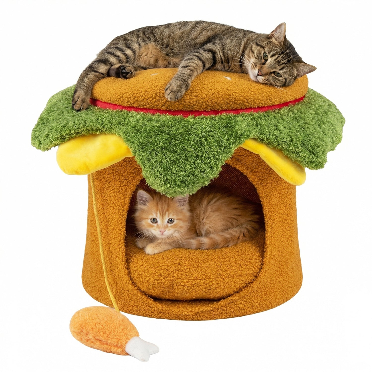Hamburger Cat Nest with Chicken Drumstick Toy and Removable Cushion for Indoor Cats - Majestic Pet Kingdom