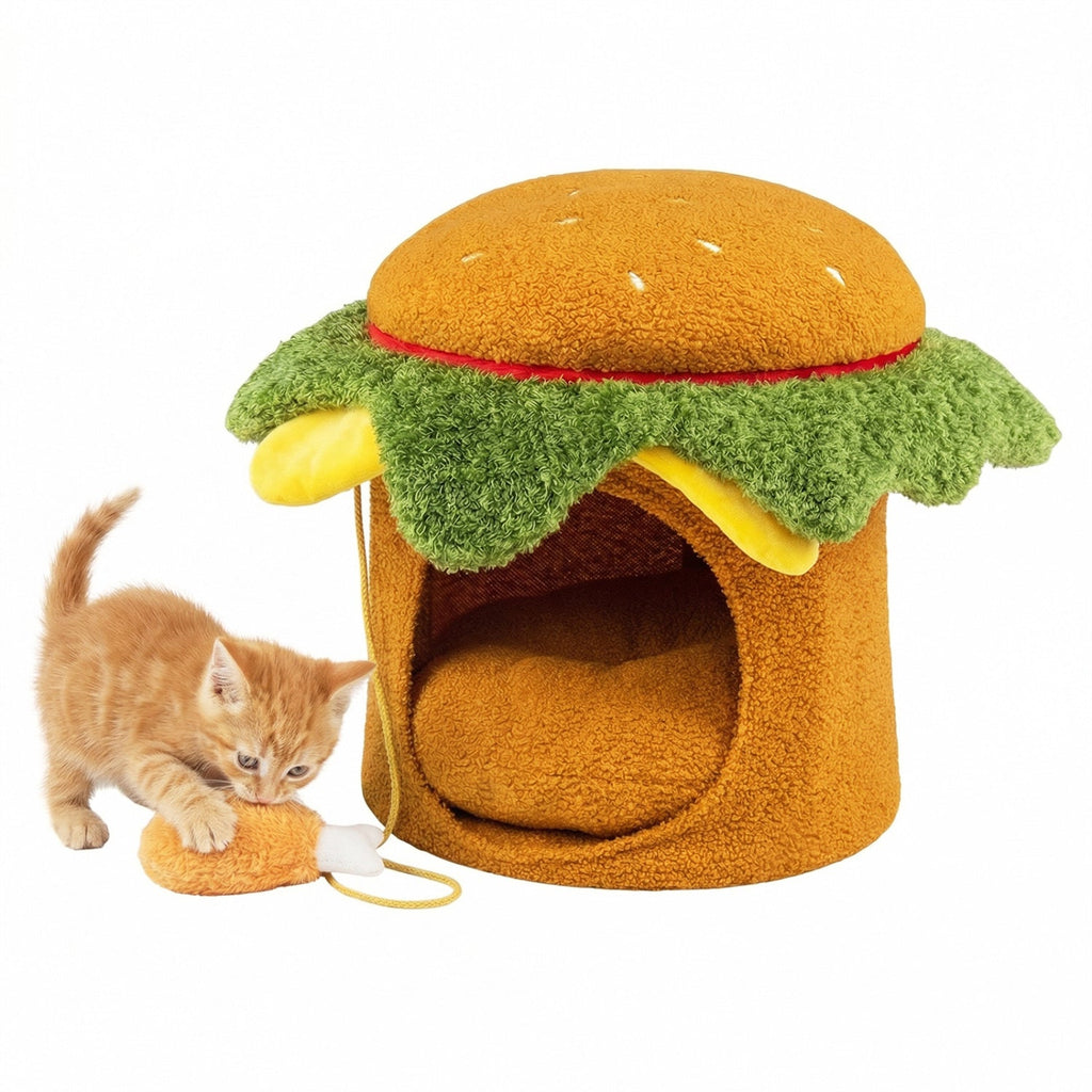 Hamburger Cat Nest with Chicken Drumstick Toy and Removable Cushion for Indoor Cats - Majestic Pet Kingdom