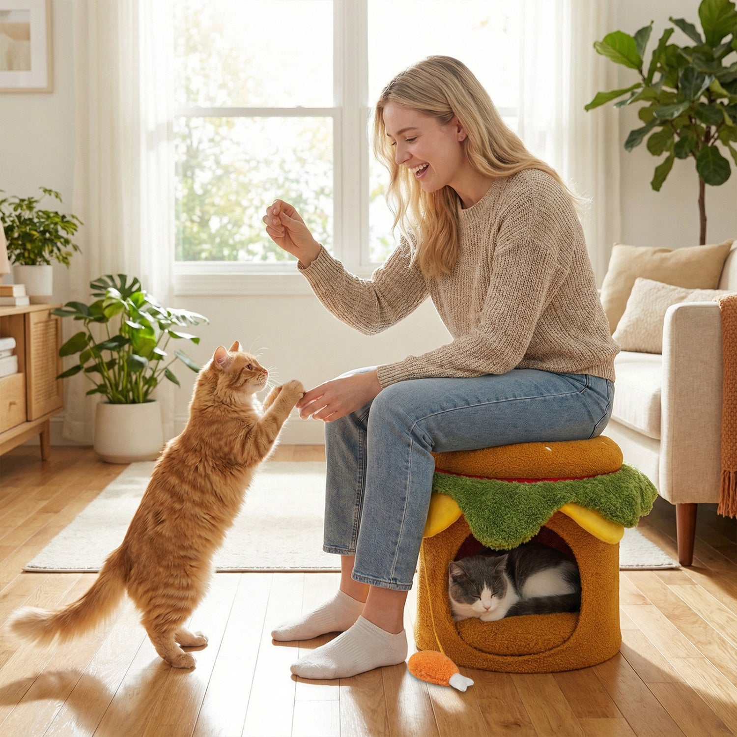 Hamburger Cat Nest with Chicken Drumstick Toy and Removable Cushion for Indoor Cats - Majestic Pet Kingdom