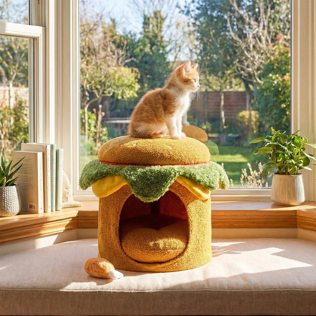 Hamburger Cat Nest with Chicken Drumstick Toy and Removable Cushion for Indoor Cats - Majestic Pet Kingdom