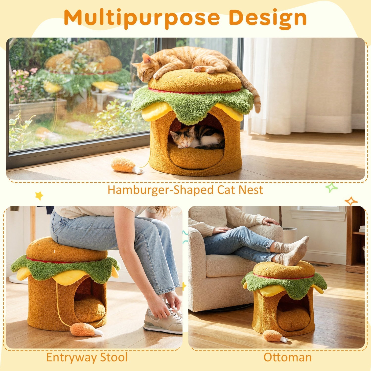 Hamburger Cat Nest with Chicken Drumstick Toy and Removable Cushion for Indoor Cats - Majestic Pet Kingdom