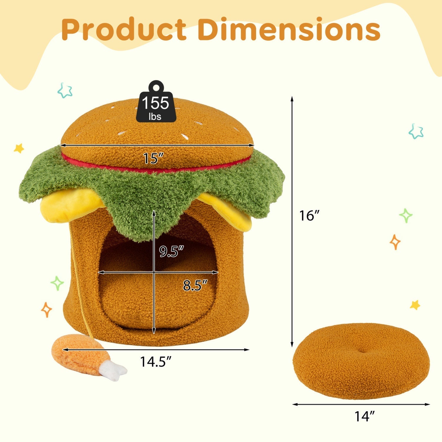 Hamburger Cat Nest with Chicken Drumstick Toy and Removable Cushion for Indoor Cats - Majestic Pet Kingdom