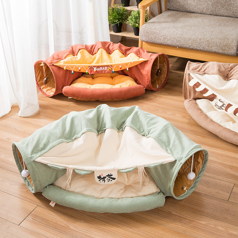 Collapsible Removable Cat Tunnel Tube With Cat Bed Set - Majestic Pet Kingdom