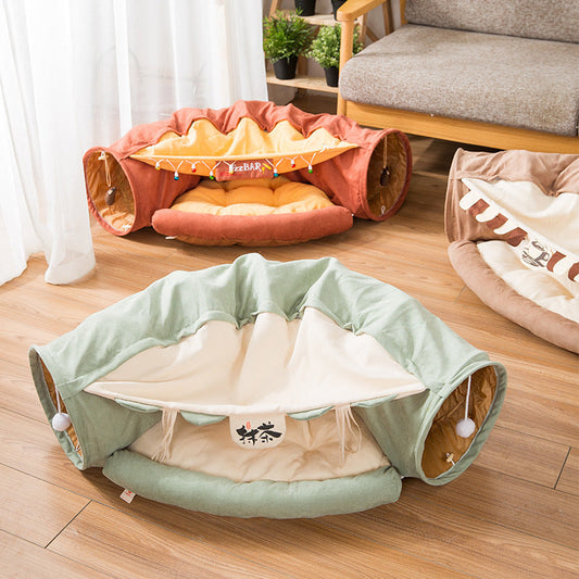 Collapsible Removable Cat Tunnel Tube With Cat Bed Set - Majestic Pet Kingdom