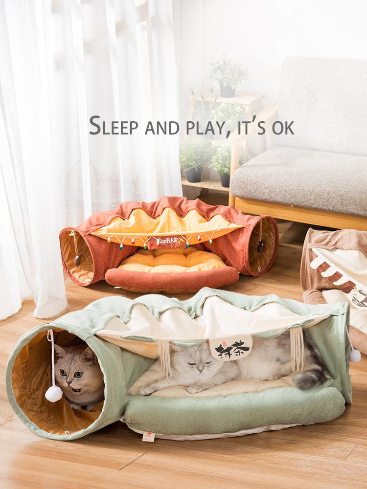 Collapsible Removable Cat Tunnel Tube With Cat Bed Set - Majestic Pet Kingdom