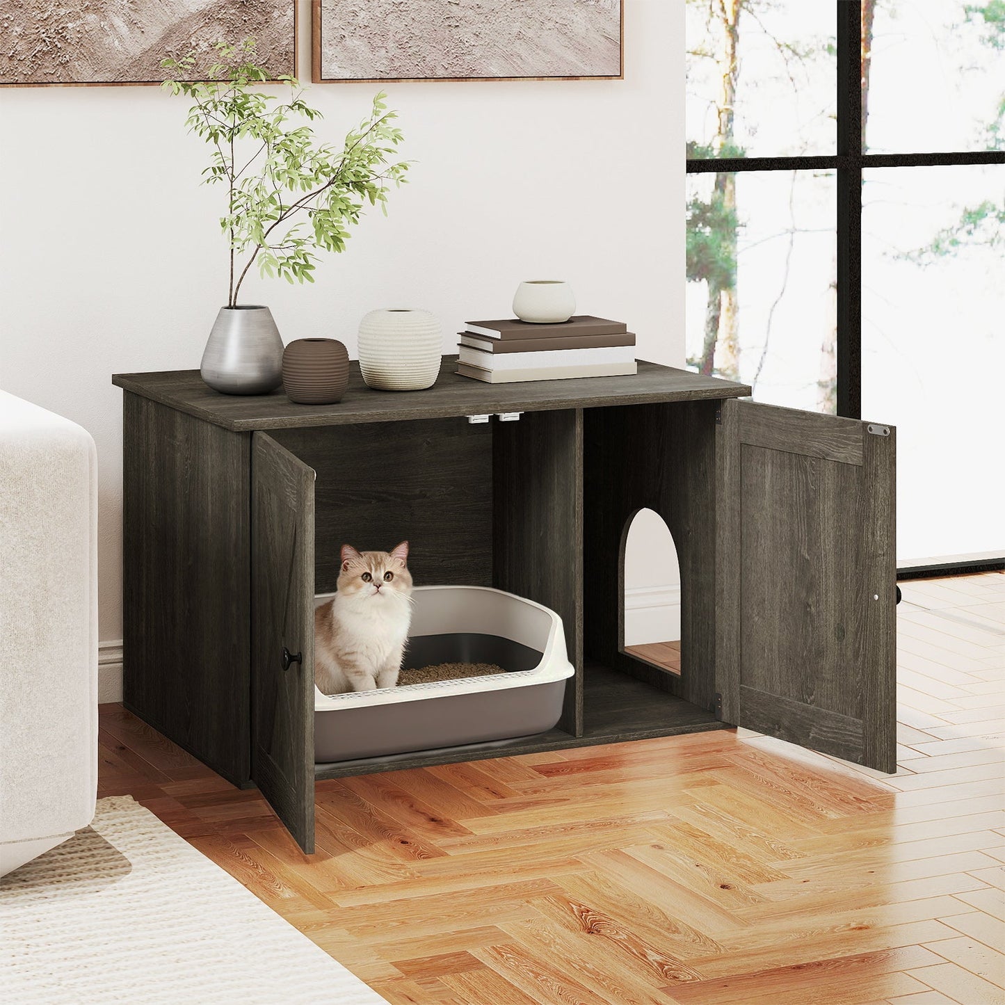 Hidden Cat Litter Box Enclosure Furniture with Divider-Oak | Purrfect Pet Kingdom