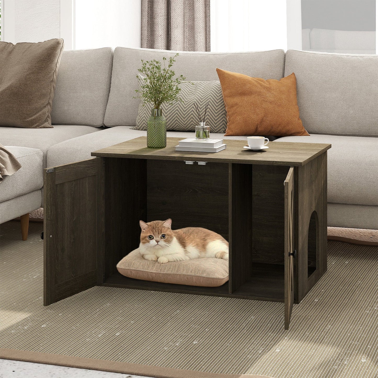 Hidden Cat Litter Box Enclosure Furniture with Divider-Oak | Purrfect Pet Kingdom