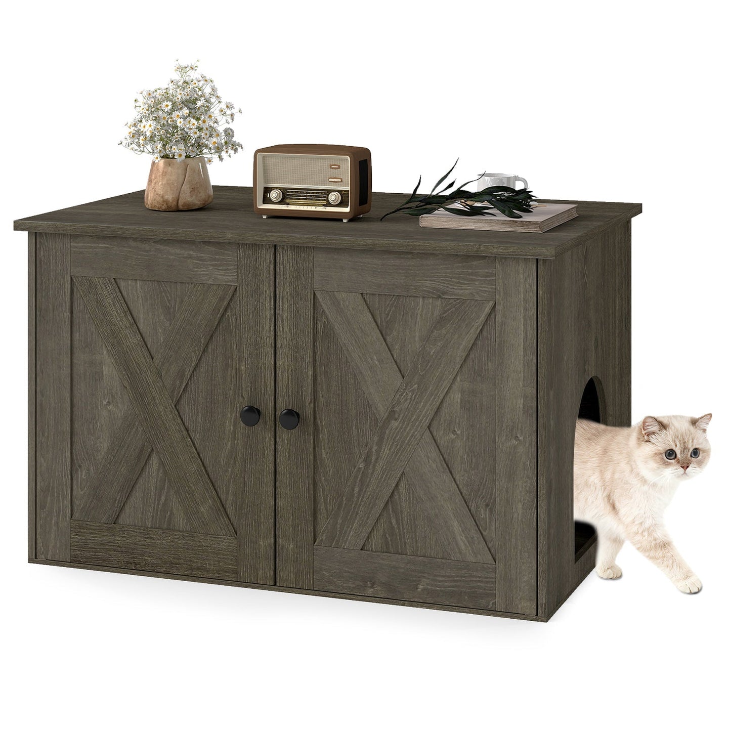 Hidden Cat Litter Box Enclosure Furniture with Divider-Oak | Purrfect Pet Kingdom