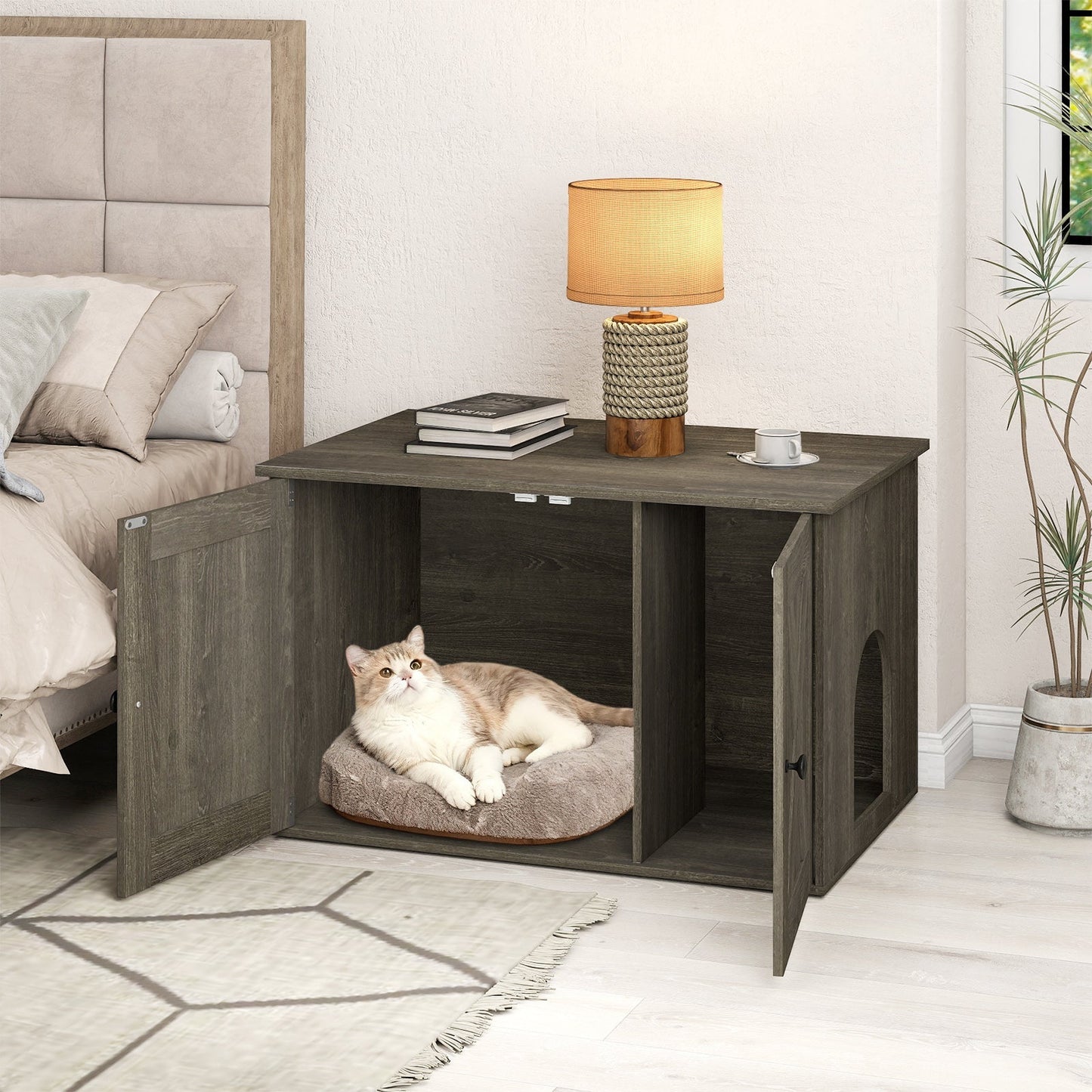 Hidden Cat Litter Box Enclosure Furniture with Divider-Oak | Purrfect Pet Kingdom
