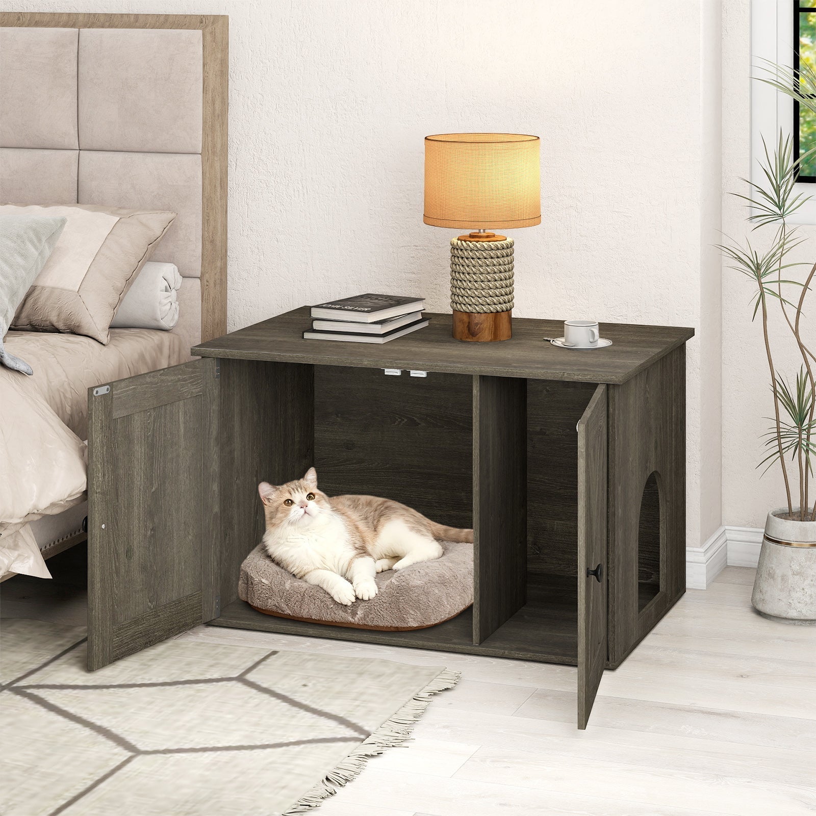 Hidden Cat Litter Box Enclosure Furniture with Divider-Oak | Purrfect Pet Kingdom