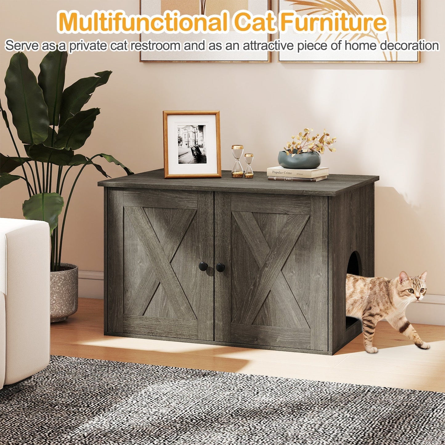 Hidden Cat Litter Box Enclosure Furniture with Divider-Oak | Purrfect Pet Kingdom