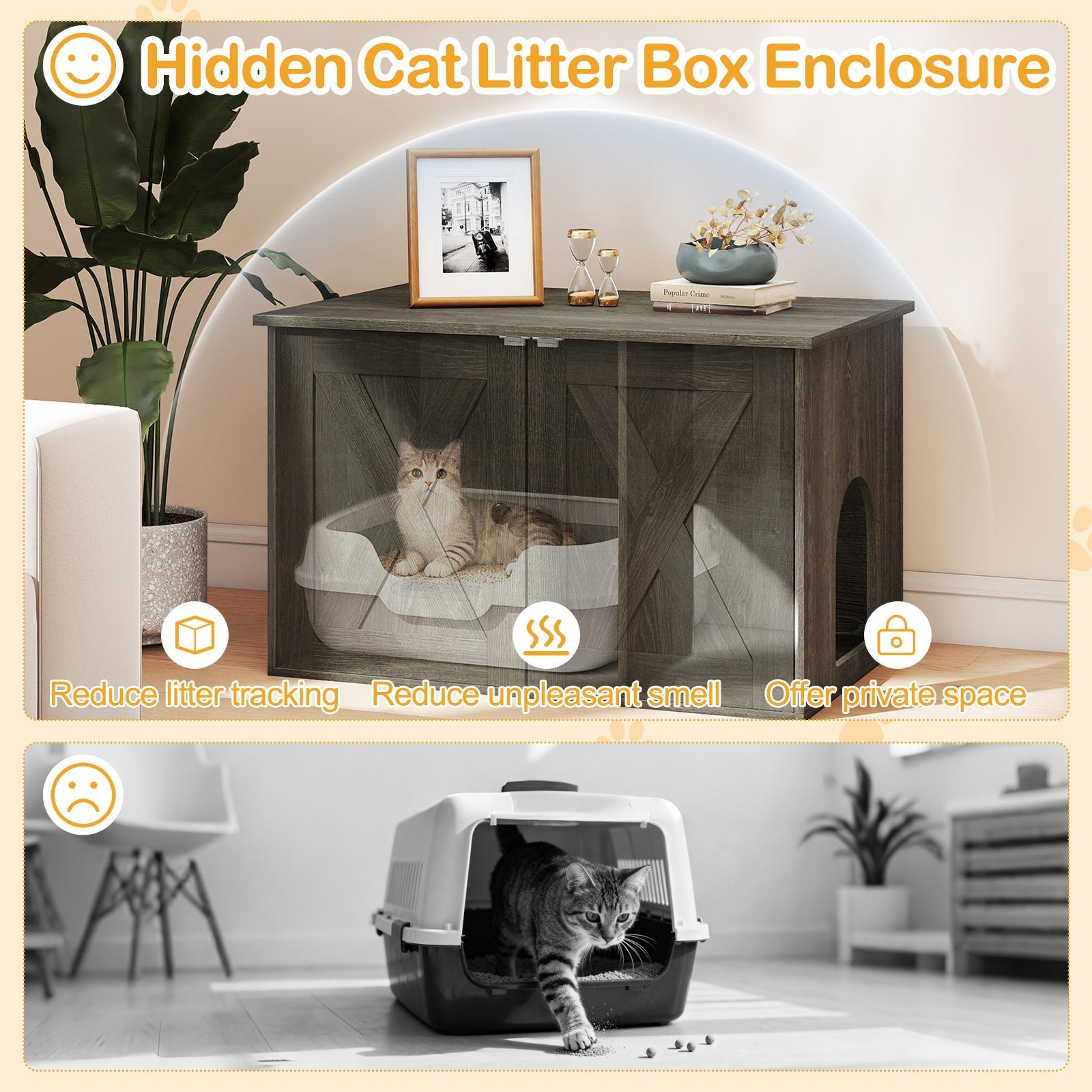 Hidden Cat Litter Box Enclosure Furniture with Divider-Oak | Purrfect Pet Kingdom