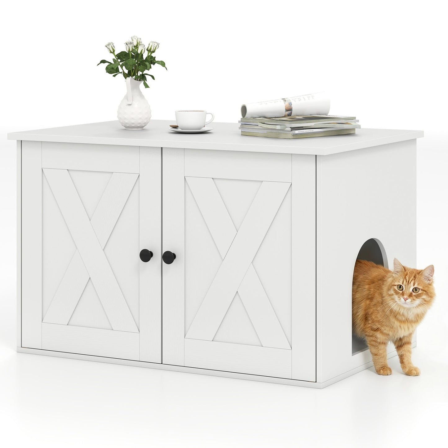 Hidden Cat Litter Box Enclosure Furniture with Divider-Oak | Purrfect Pet Kingdom