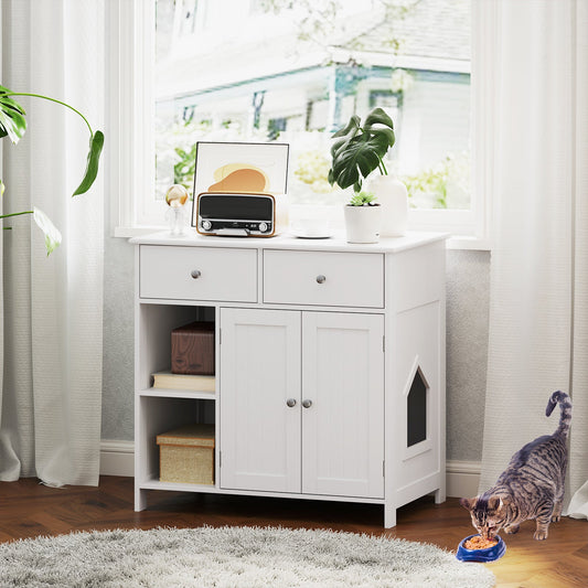 Hidden Cat Washroom Side Cabinet Wooden Pet House with 2 Drawers-White | Purrfect Pet Kingdom