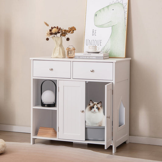 Hidden Cat Washroom Side Cabinet Wooden Pet House with 2 Drawers-White | Purrfect Pet Kingdom