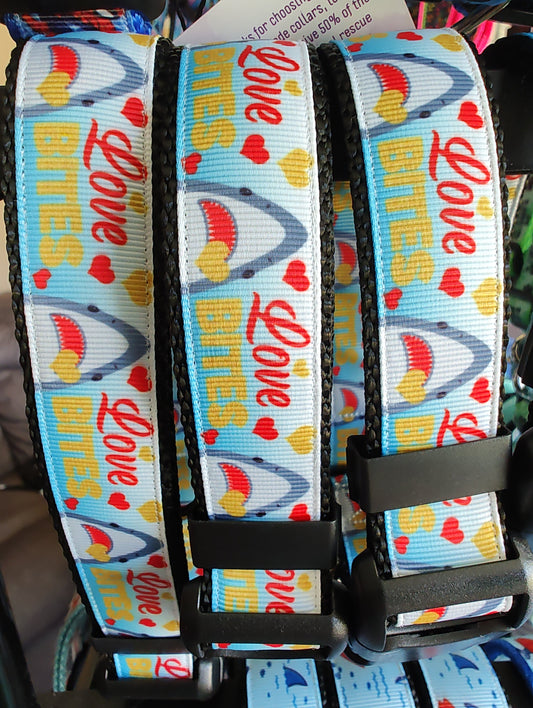 Love Bite Sharks Black Nylon Dog Collar MD, LG, XL, Leash | Purrfect Pet Kingdom