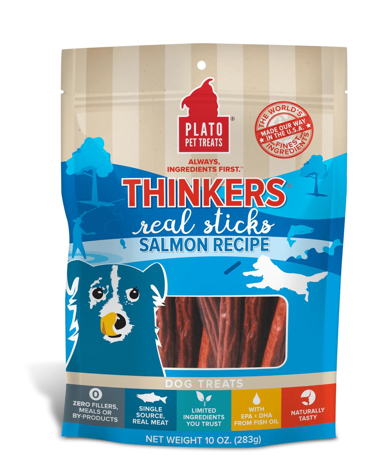Dog Treats Plato Thinkers Real Salmon Meat Sticks Chews 10oz - Main Feature View | Majestic Pet Kingdom