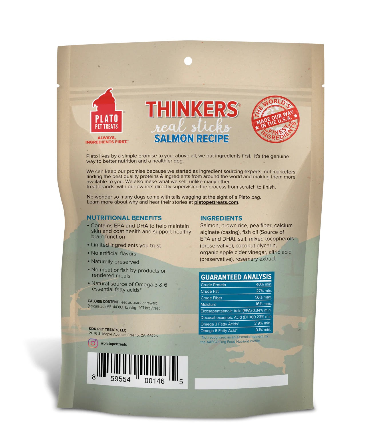 Dog Treats Plato Thinkers Real Salmon Meat Sticks Chews 10oz