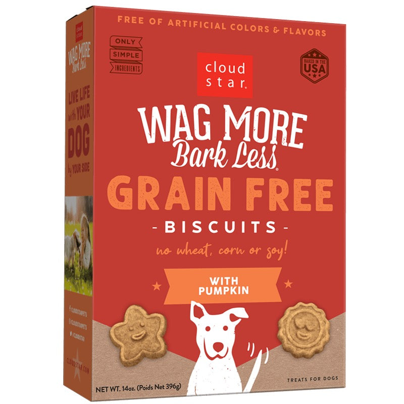 Dog Treats Wagmore Grain-Free Pumpkin Baked Biscuits 14oz Bag - Main Feature View | Majestic Pet Kingdom
