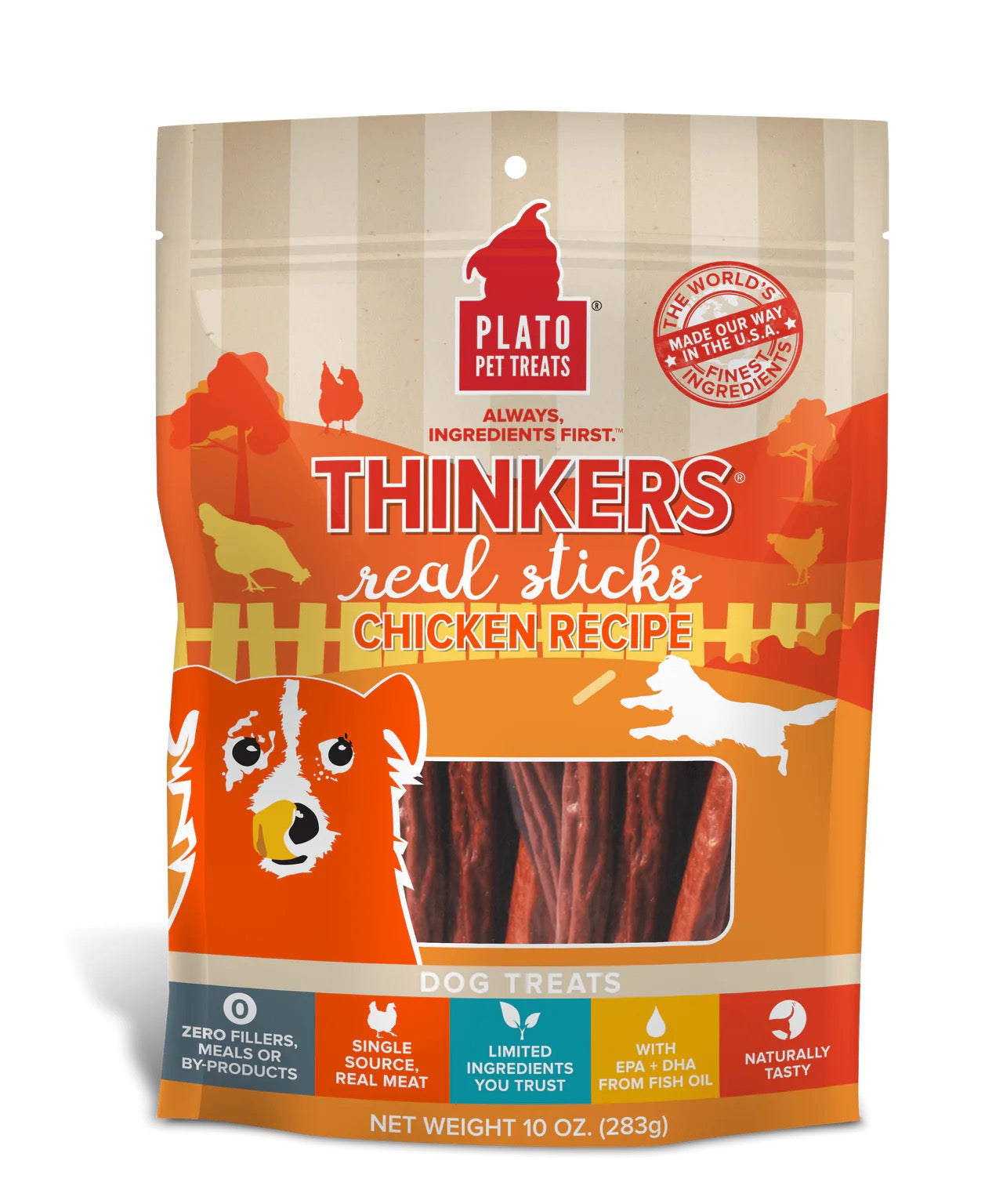 Dog Treats Plato Thinkers Real Chicken Sticks Chews 10oz Bag