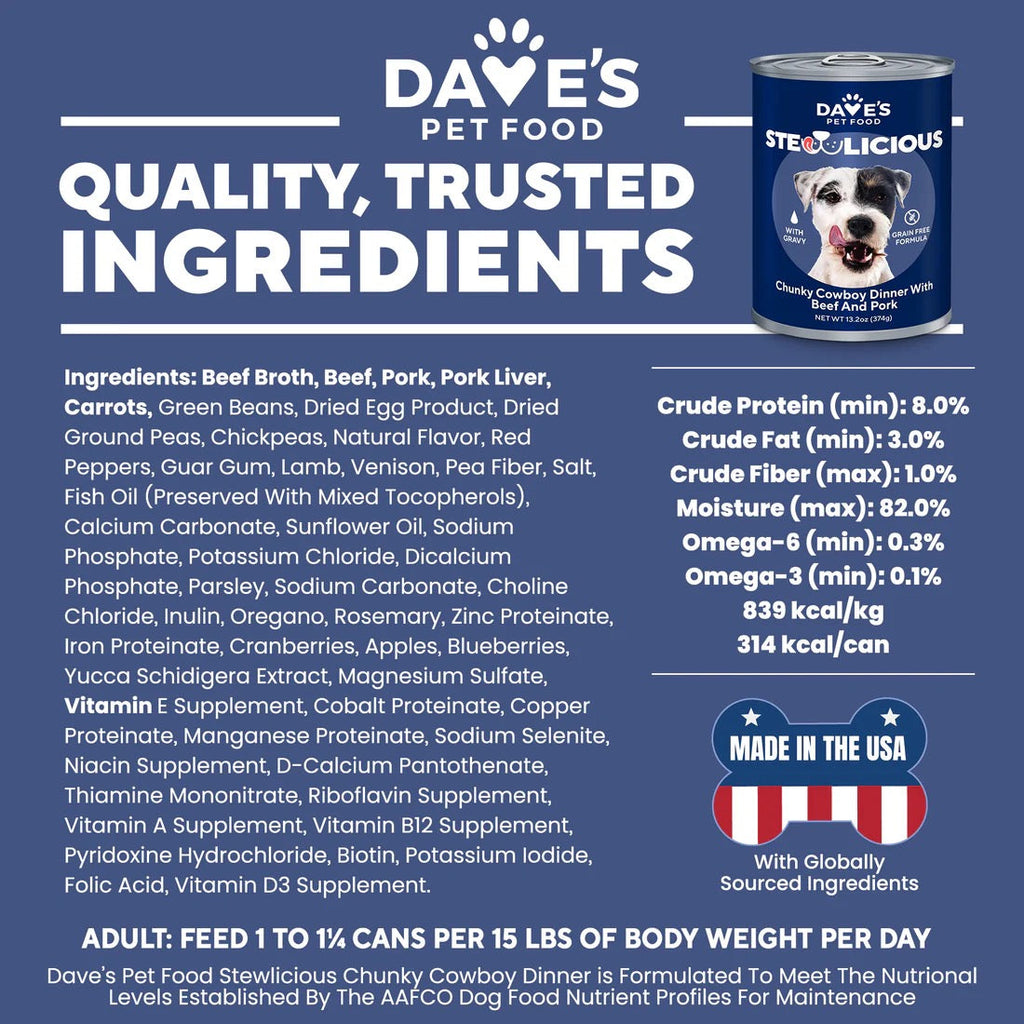 Dave's Stewlicious Cowboy Dinner w/ Beef & Pork Wet Dog Food (13.2oz) - Majestic Pet Kingdom