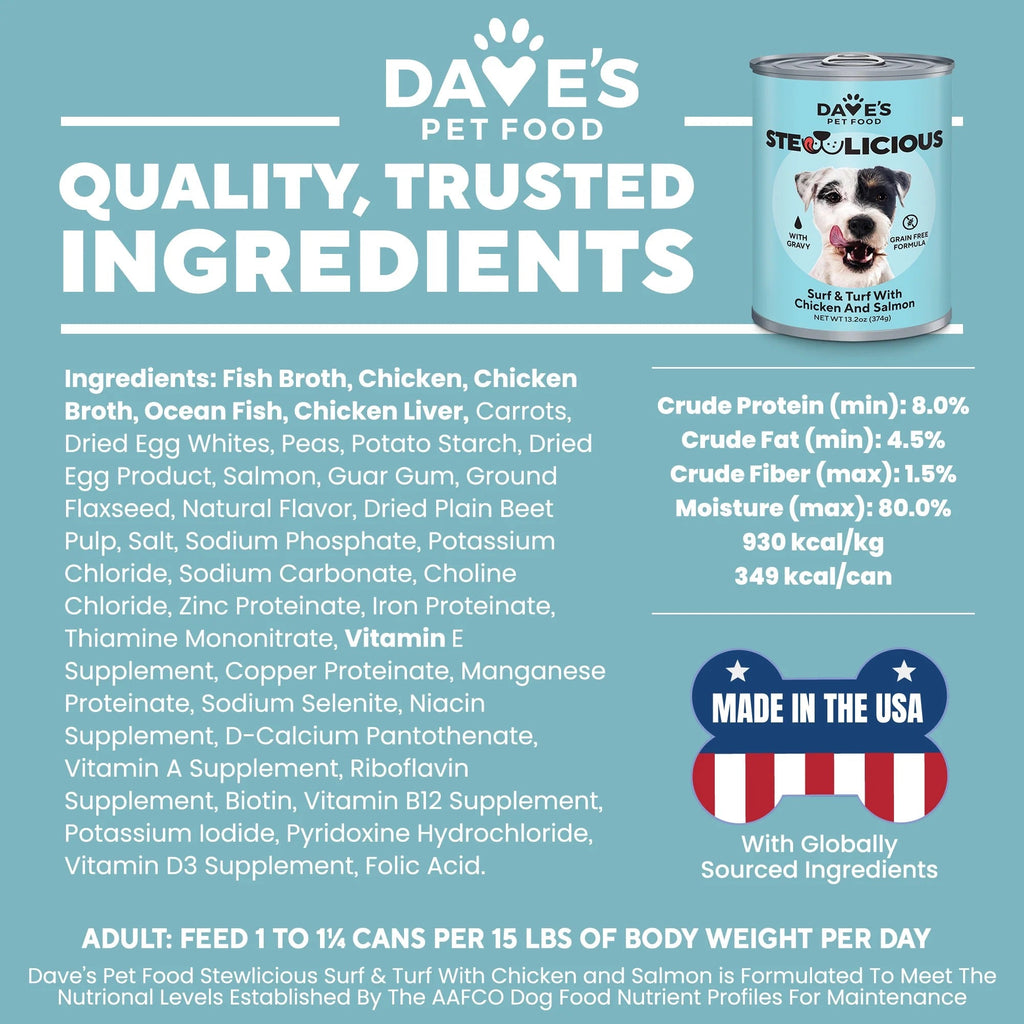 Dave's Stewlicious Surf & Turf w/ Chicken & Salmon Wet Dog Food (13.2oz) - Majestic Pet Kingdom
