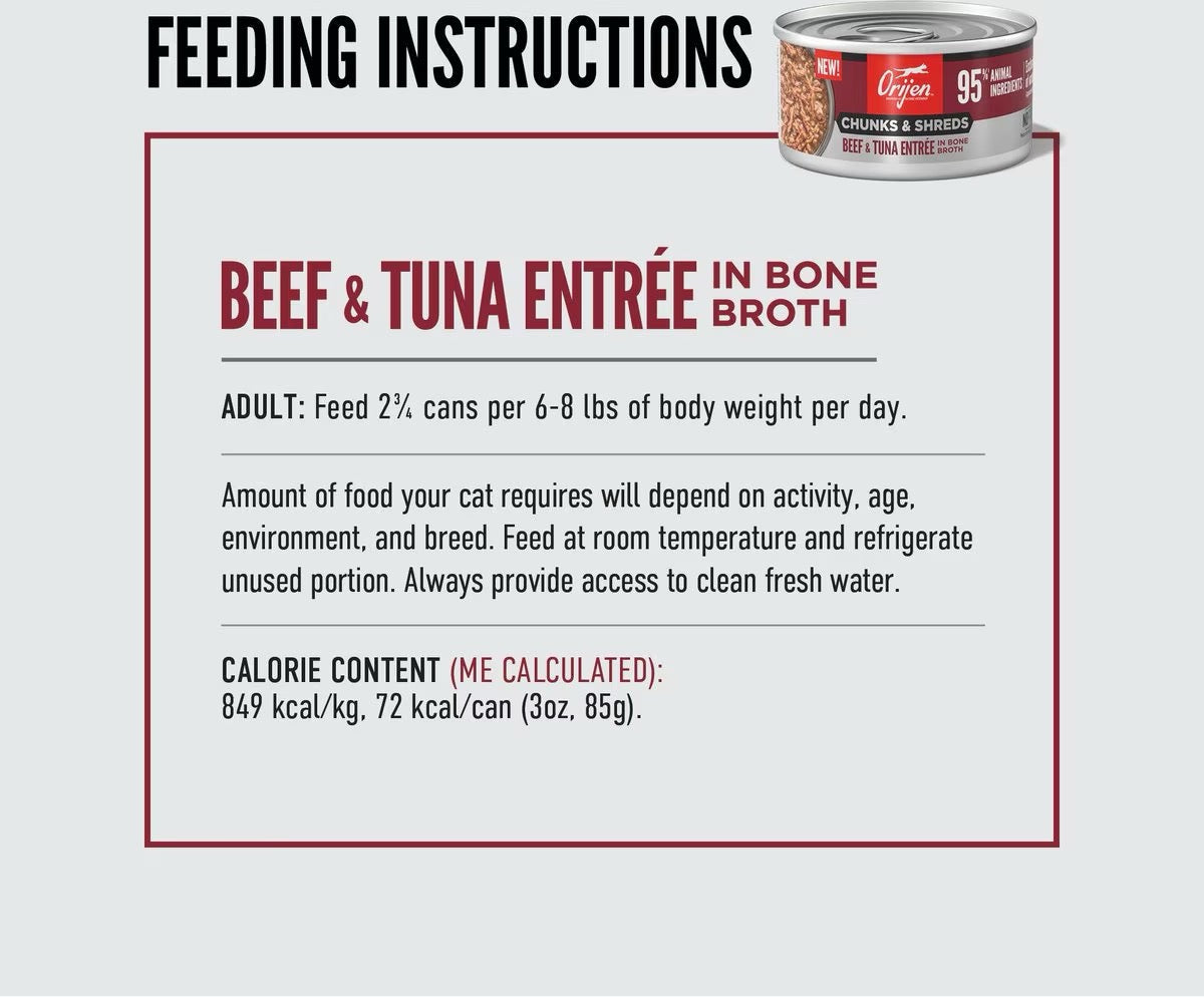 Orijen Grain Free Chunks & Shreds Beef & Tuna Wet Cat Food (3oz) - Majestic Pet Kingdom