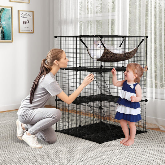Indoor Cat Cage 3-Tier Cat Enclosure Detachable Metal Wire Kennel-Black - Majestic Pet Kingdom