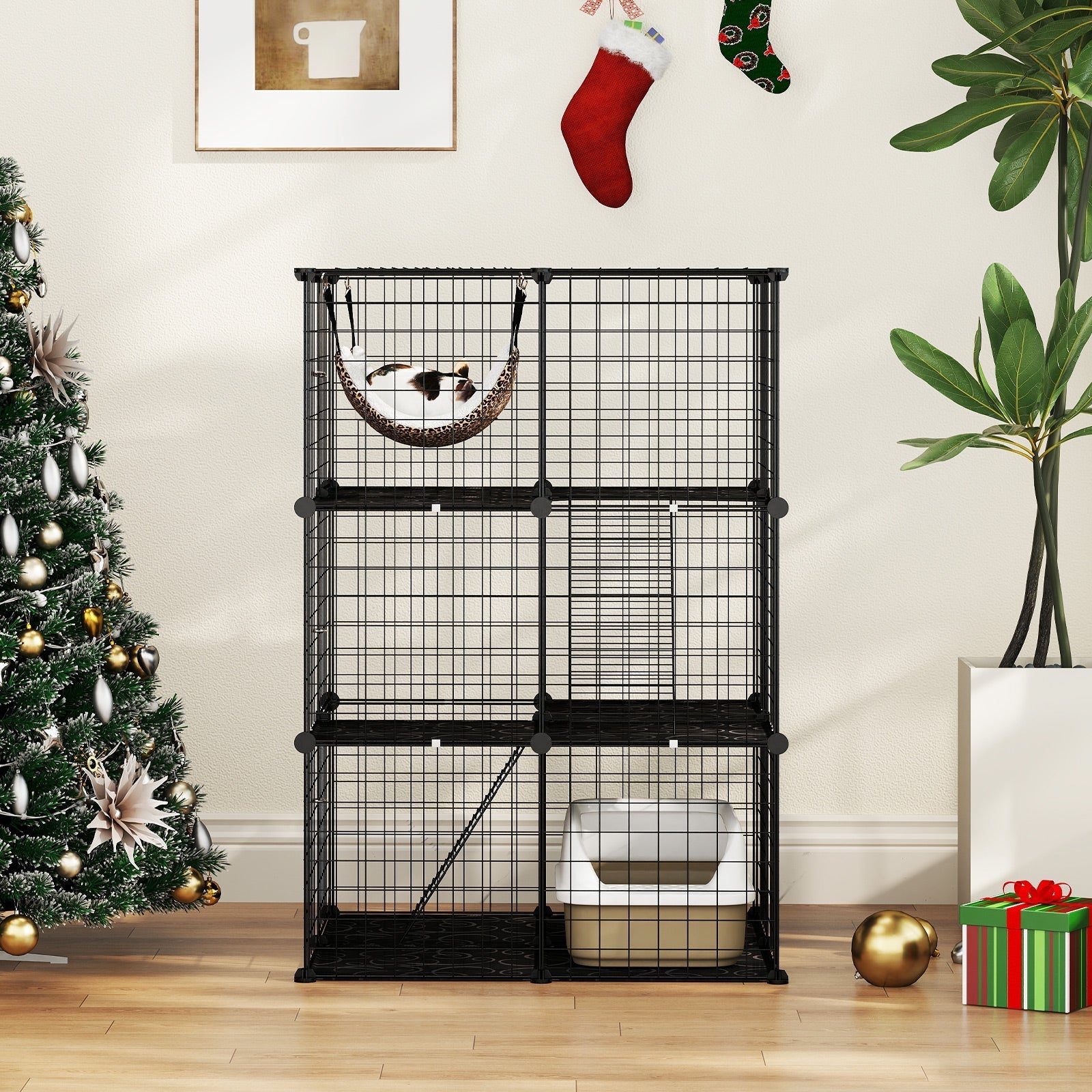 Indoor Cat Cage 3-Tier Cat Enclosure Detachable Metal Wire Kennel-Black - Majestic Pet Kingdom
