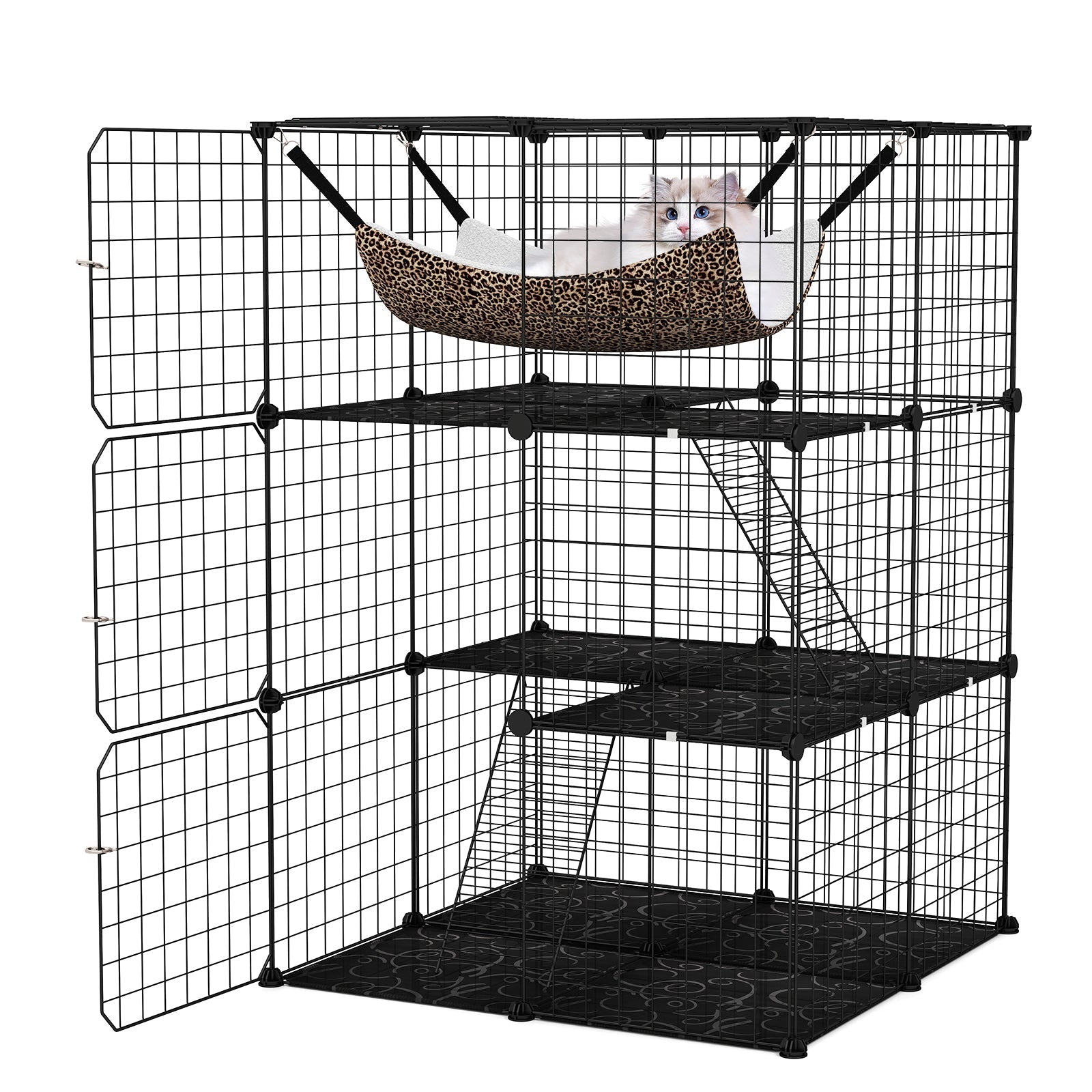 Indoor Cat Cage 3-Tier Cat Enclosure Detachable Metal Wire Kennel-Black - Majestic Pet Kingdom