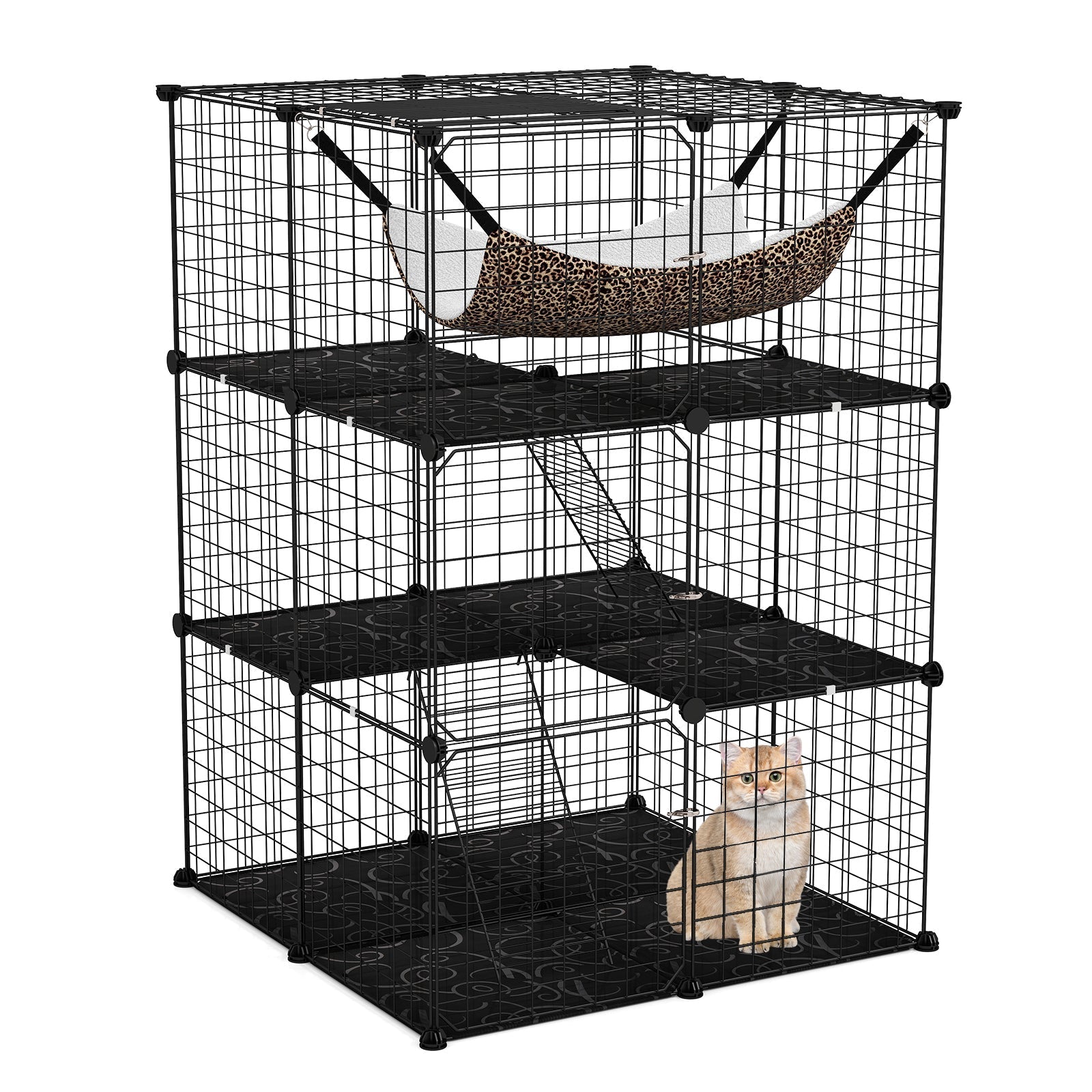 Indoor Cat Cage 3-Tier Cat Enclosure Detachable Metal Wire Kennel-Black - Majestic Pet Kingdom
