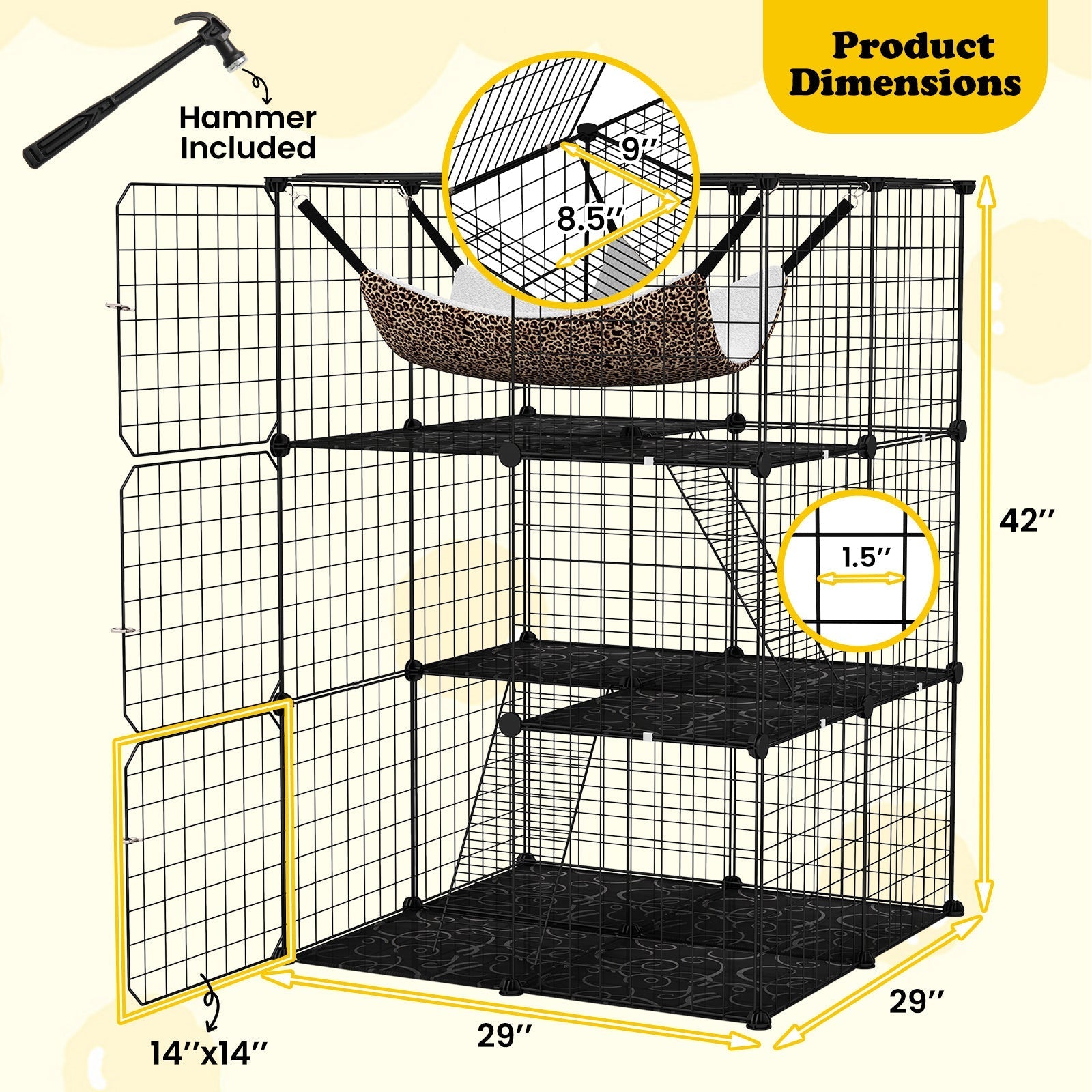 Indoor Cat Cage 3-Tier Cat Enclosure Detachable Metal Wire Kennel-Black - Majestic Pet Kingdom
