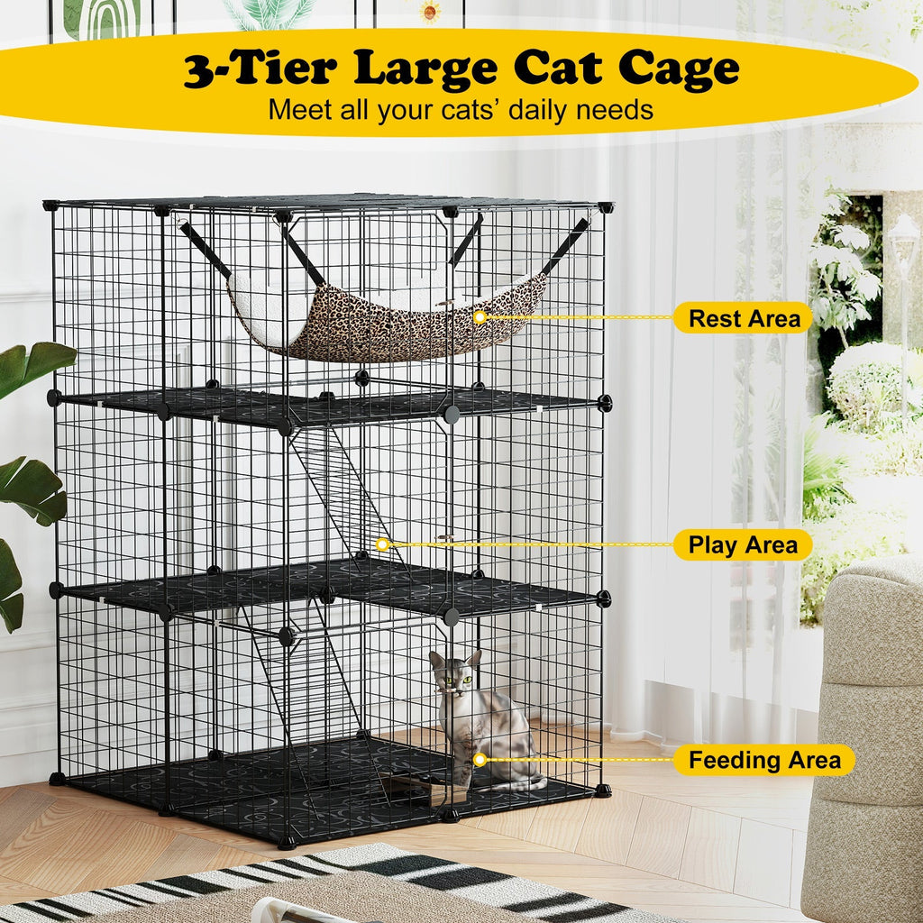 Indoor Cat Cage 3-Tier Cat Enclosure Detachable Metal Wire Kennel-Black - Majestic Pet Kingdom