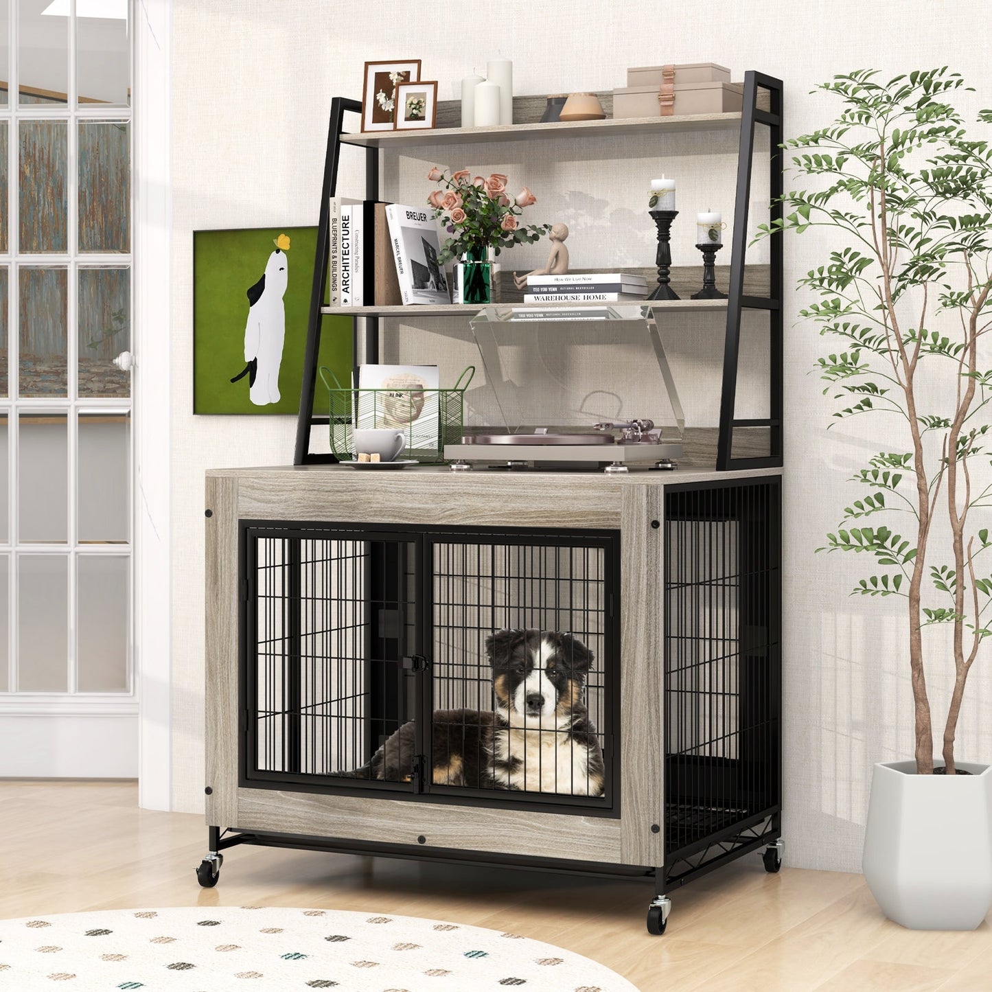 Dog Crate Furniture Industrial Wooden Kennel Shelves Gray Be