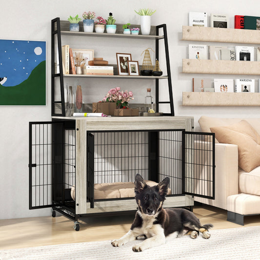 Industrial Dog Kennel Dog Crate Furniture with Storage Shelves-Gray | Purrfect Pet Kingdom
