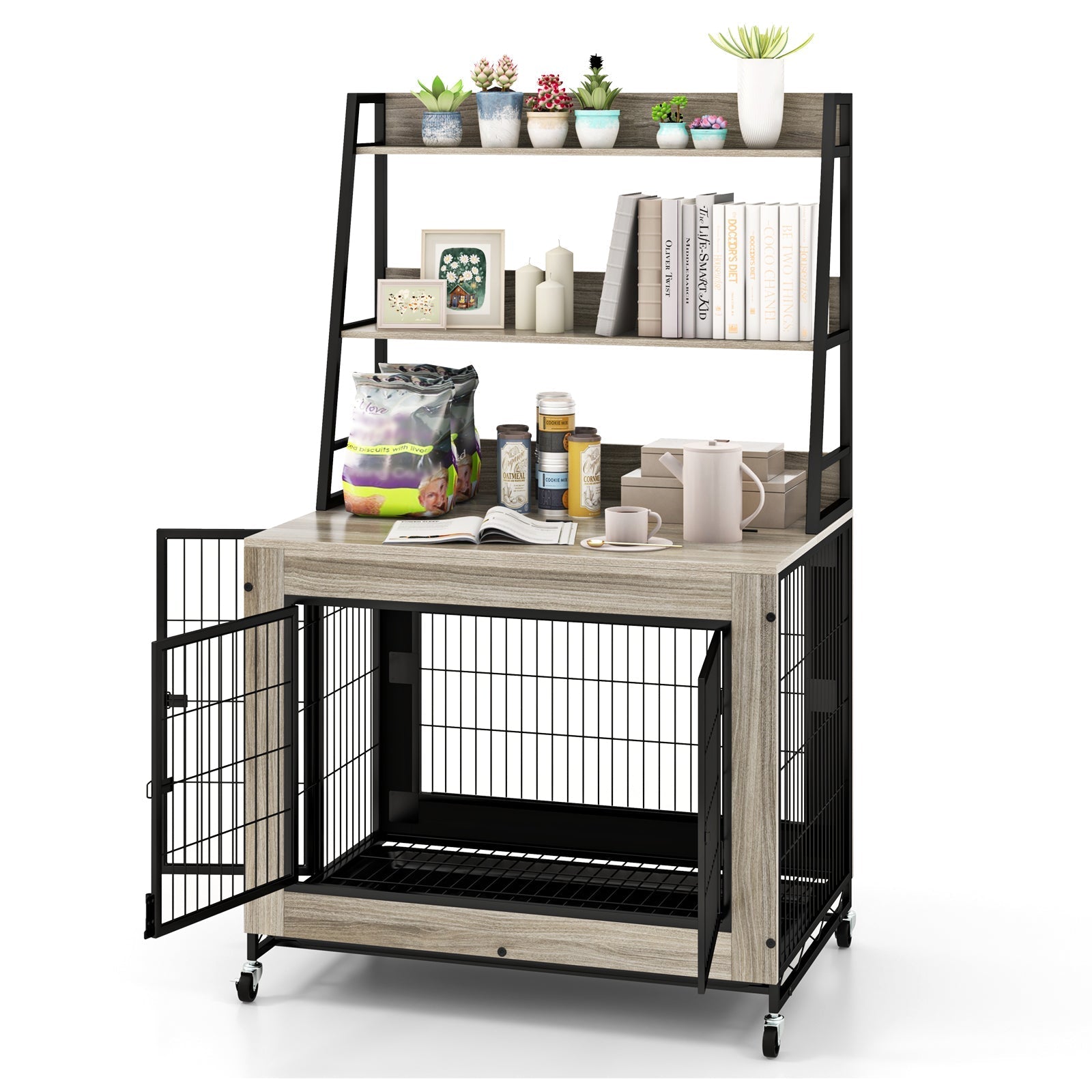 Industrial Dog Kennel Dog Crate Furniture with Storage Shelves - Majestic Pet Kingdom