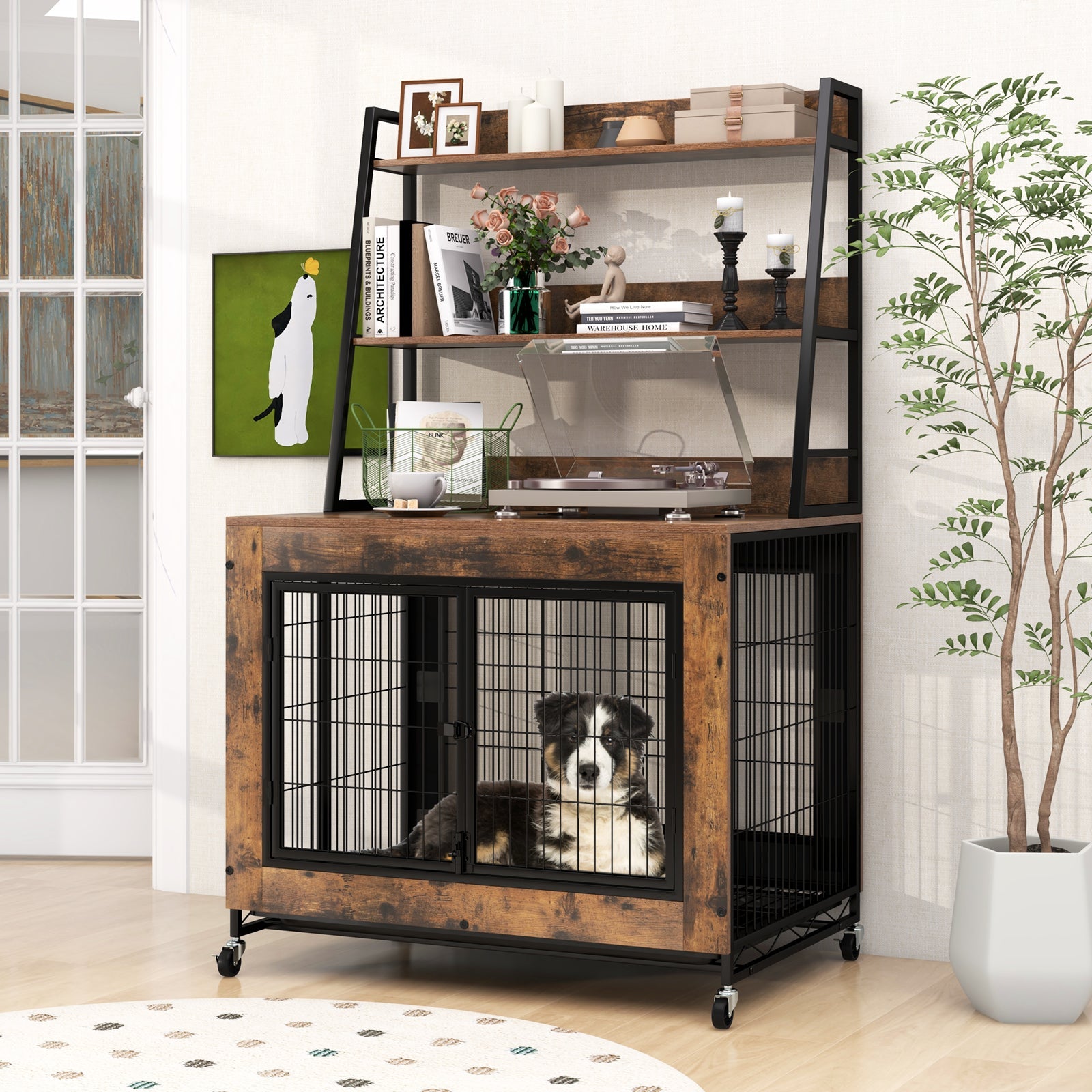 Industrial Dog Kennel Dog Crate Furniture with Storage Shelves
