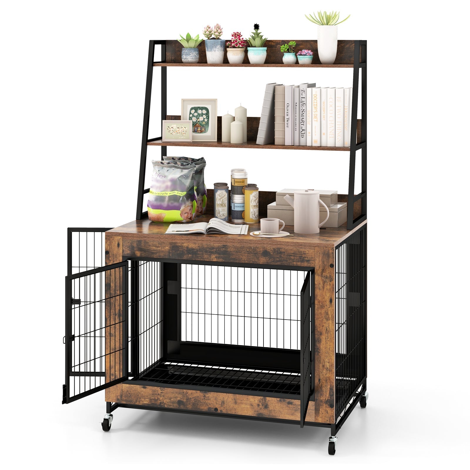 Industrial Dog Kennel Dog Crate Furniture with Storage Shelves - Majestic Pet Kingdom