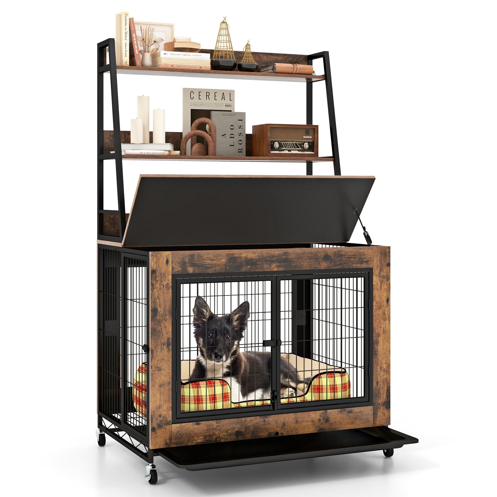 Industrial Dog Kennel Dog Crate Furniture with Storage Shelves - Majestic Pet Kingdom