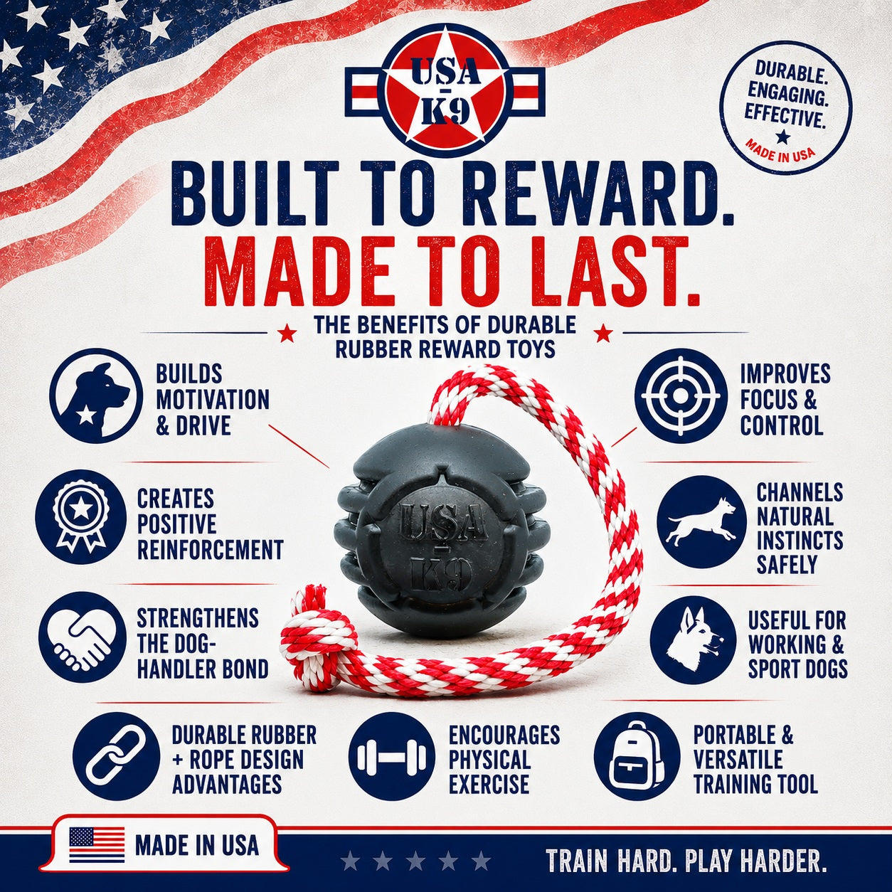 Dog Toy K9 Magnum Stars and Stripes Rubber Reward Fetch USA