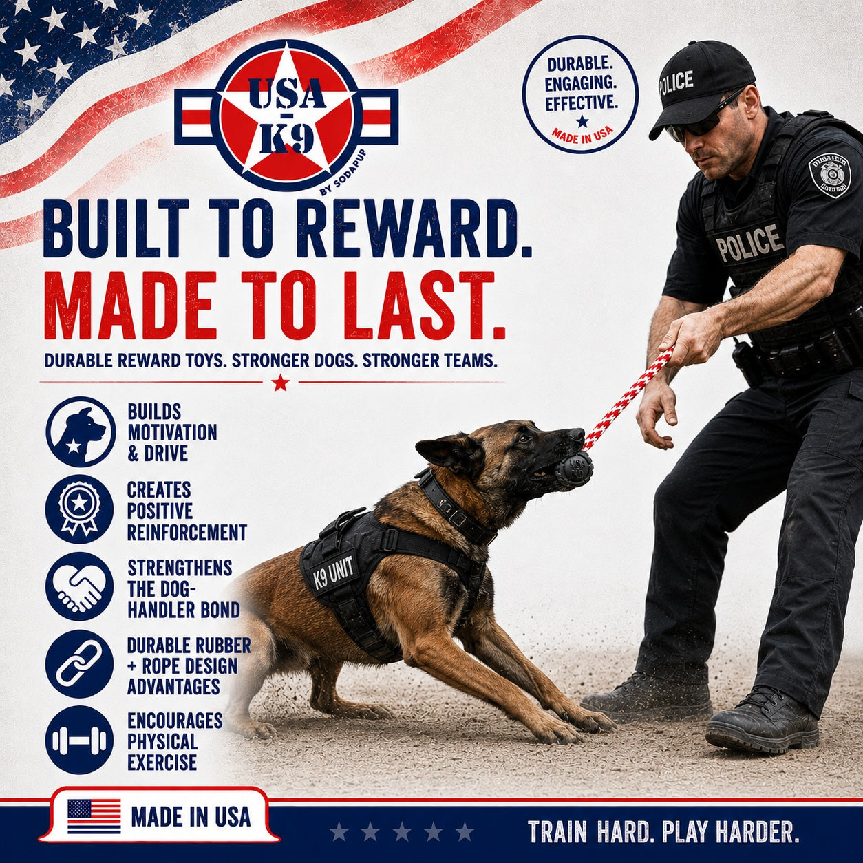 Dog Toy K9 Magnum Stars and Stripes Rubber Reward Fetch USA