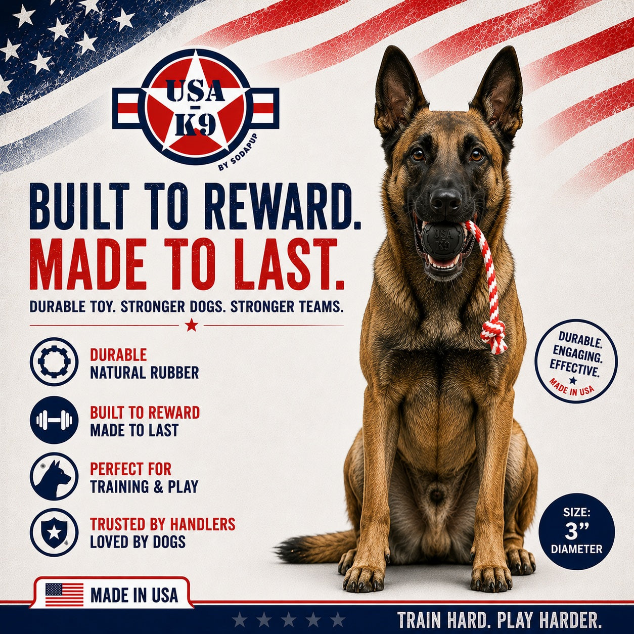 Dog Toy K9 Magnum Stars and Stripes Rubber Reward Fetch USA