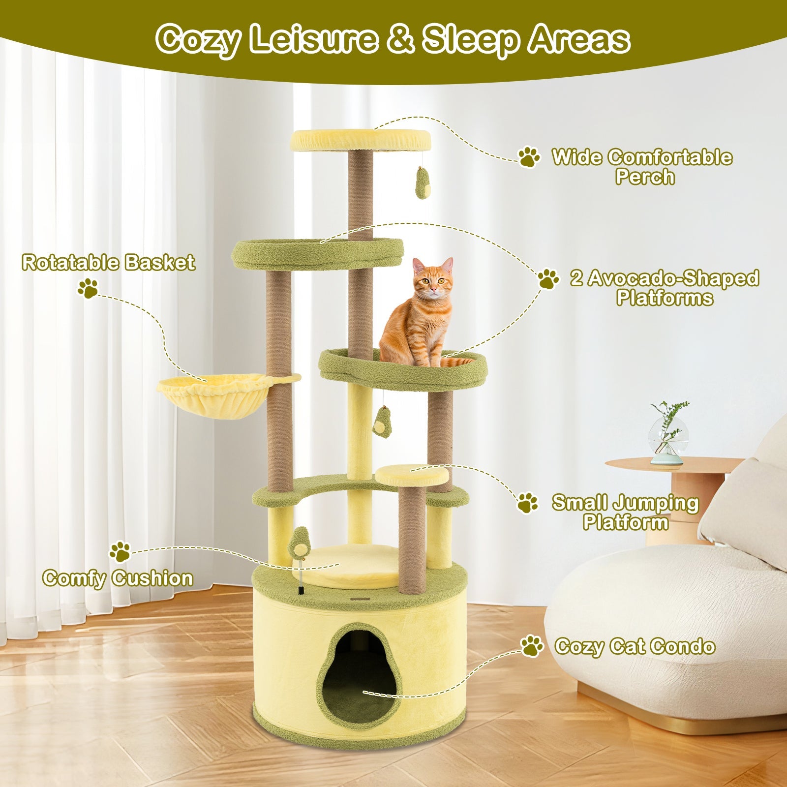 Large Avocado Cat Tree Multi-level Cat Tower with Private Condo-Green - Majestic Pet Kingdom