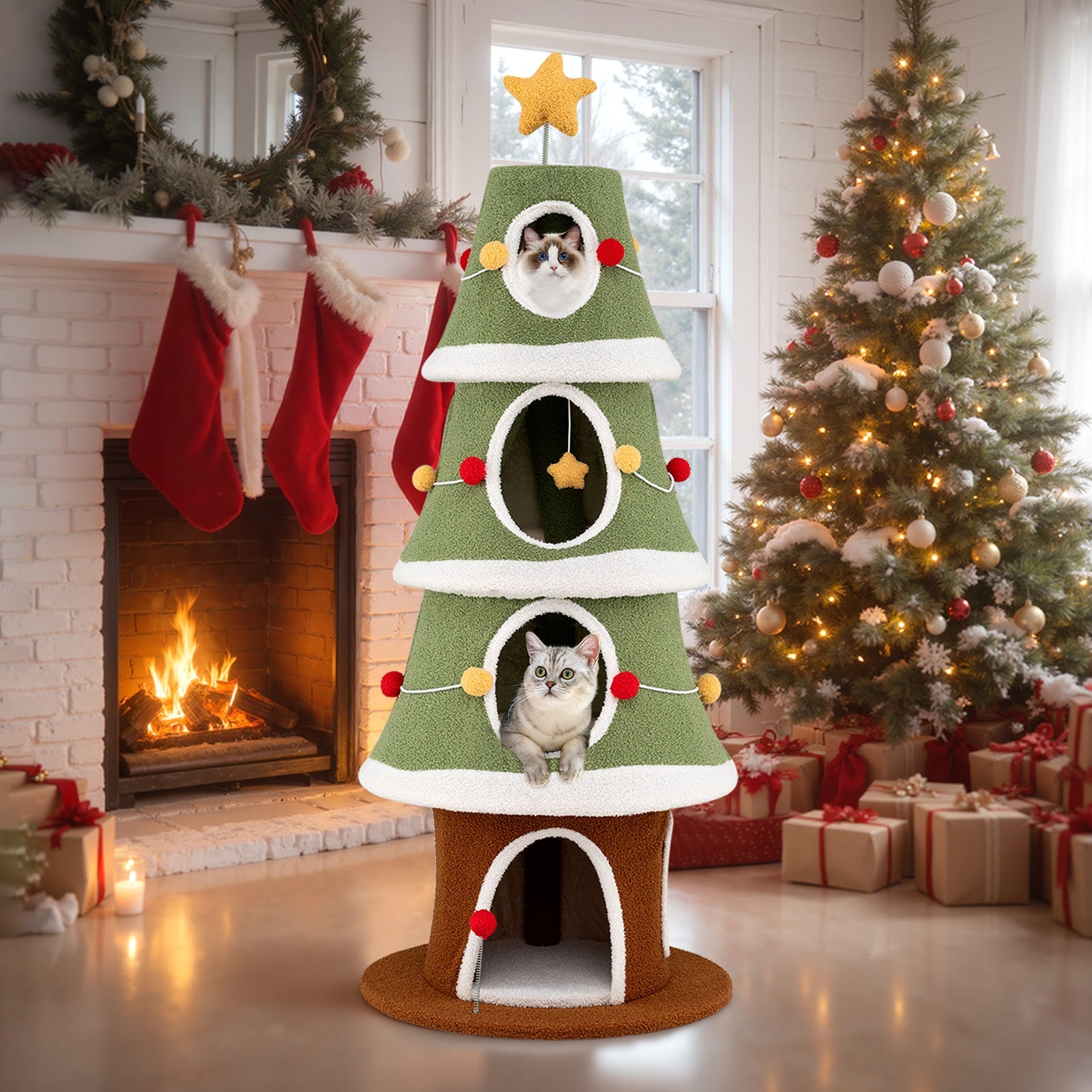 Large Christmas Cat Tree for Indoor Cats 61 Inch Cute Cat Tower with 4 Condos-Green - Majestic Pet Kingdom