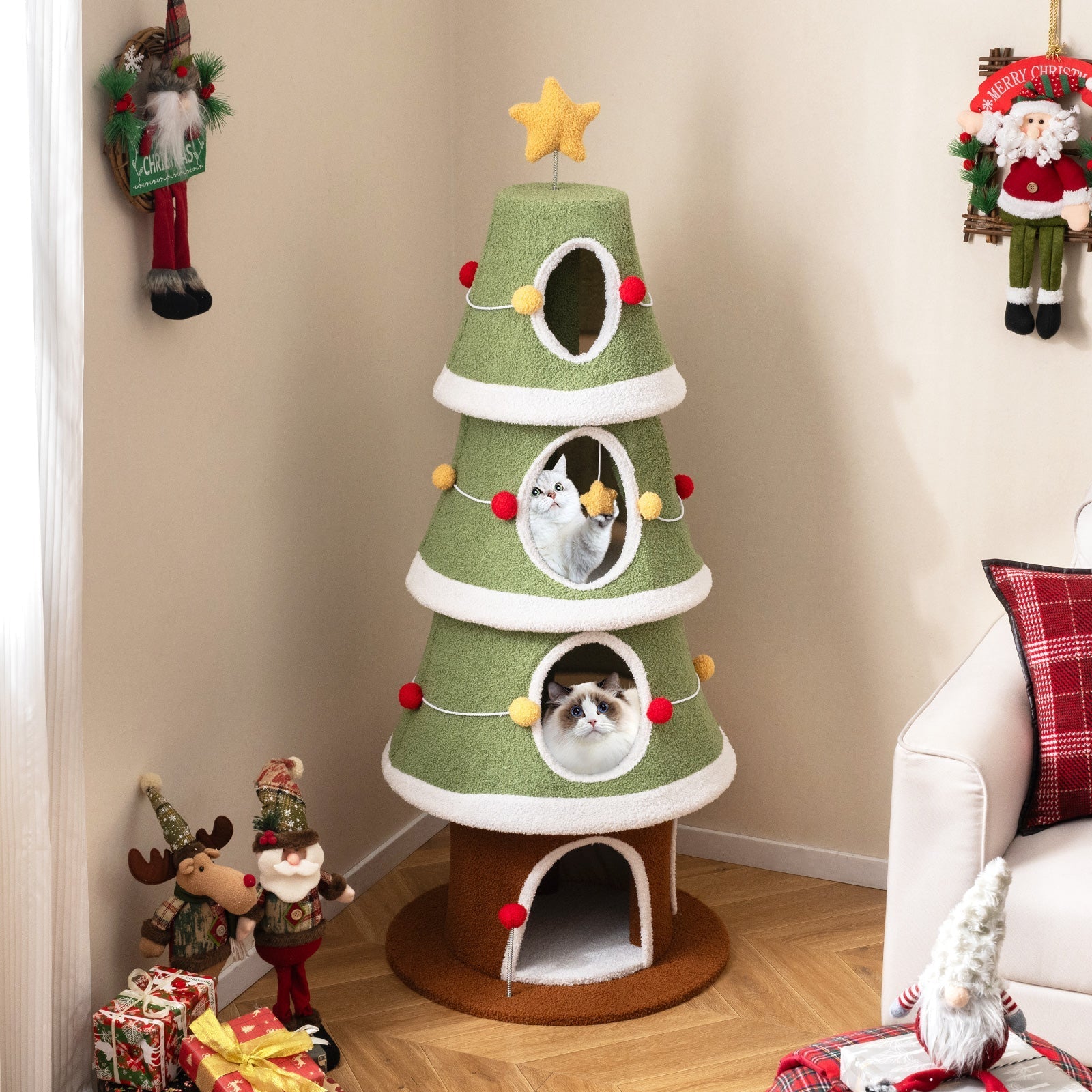 Large Christmas Cat Tree for Indoor Cats 61 Inch Cute Cat Tower with 4 Condos-Green - Majestic Pet Kingdom